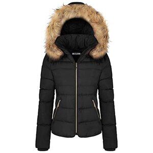 Women's Winter Quilted Puffer Coat Fleece Lined Warm Jacket with Faux Fur Hood